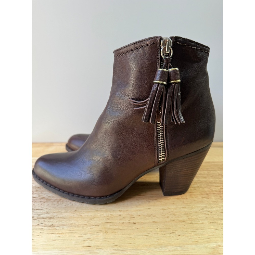 Stuart Weitzman Ankle Boots Size 7.5M Brown Leather Tassel Zip Block Heel Spain‎
